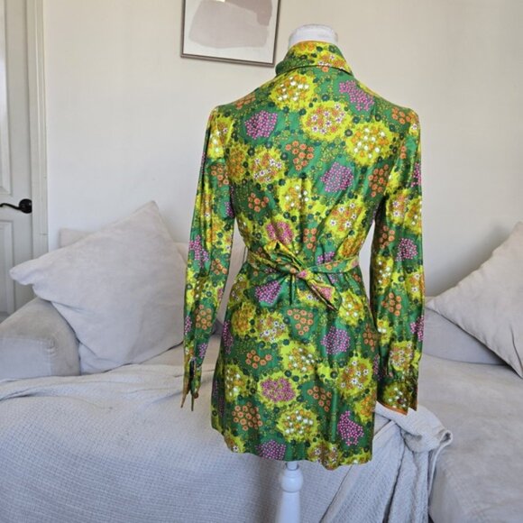Vtg 60s Mod Mini Dress Psychedelic Floral Belted Button Front Youthquake Collar - Picture 5 of 11